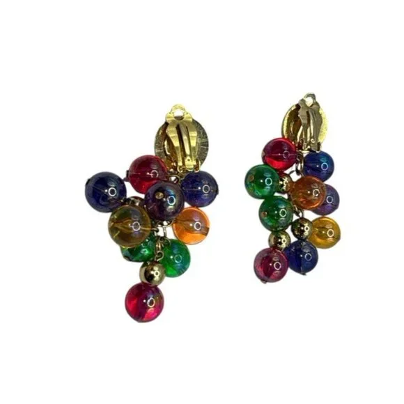 Colorful Whimsical BOHO Beaded Bohemian Iridescent Retro Clip On Earrings - Picture 5 of 5